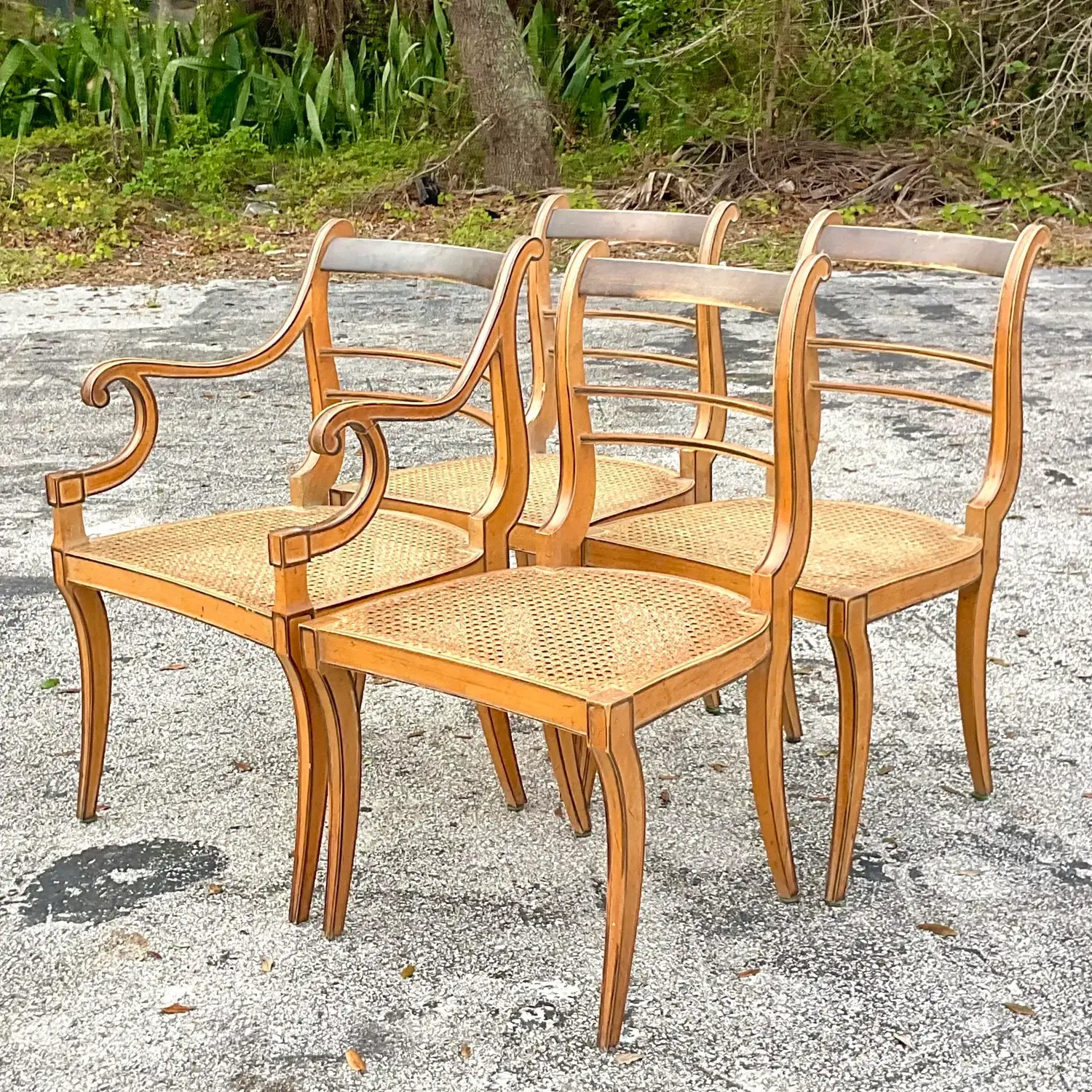 Vintage Boho Scroll Back Cane Dining Chairs - Set of Four - Top view