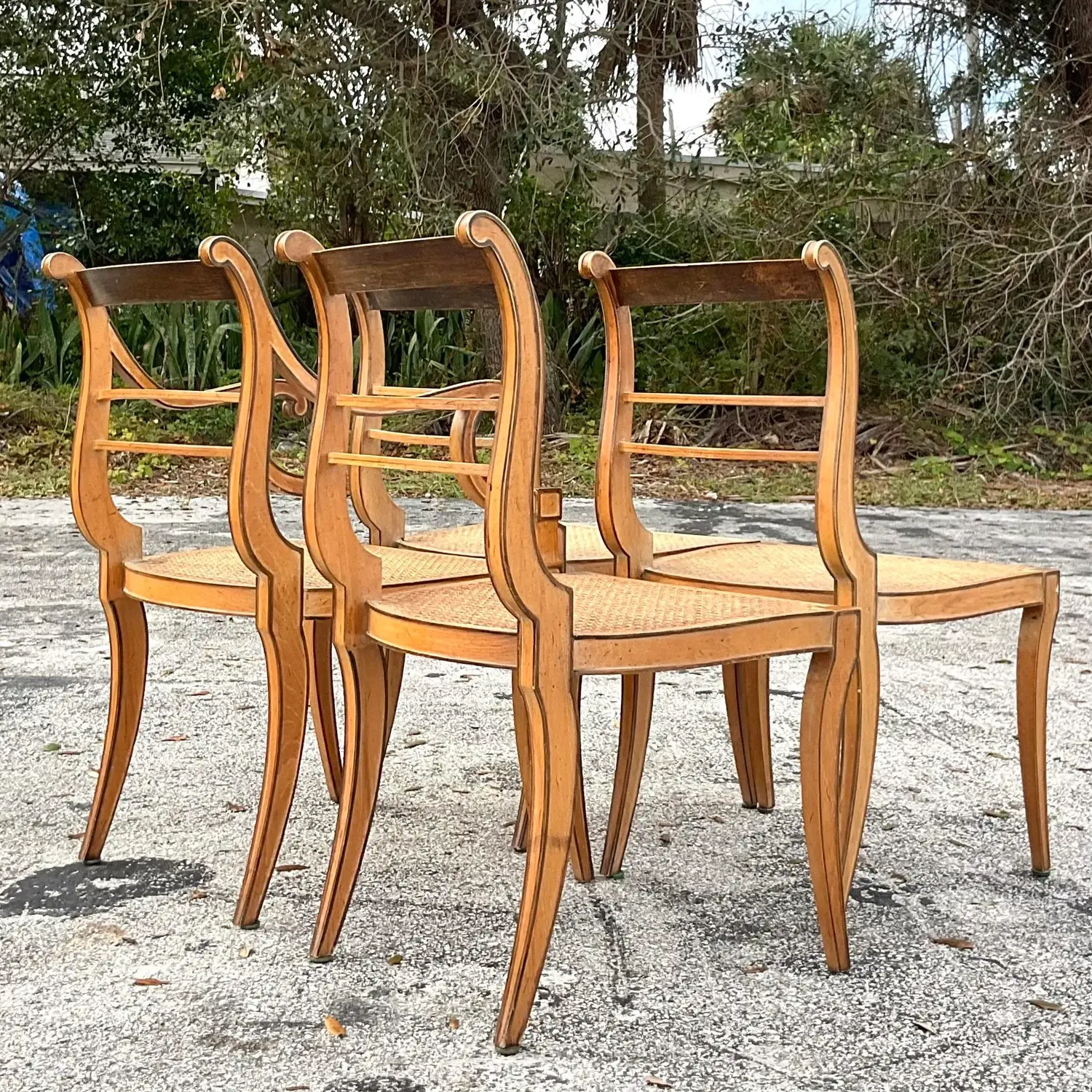 Vintage Boho Scroll Back Cane Dining Chairs - Set of Four - Side view
