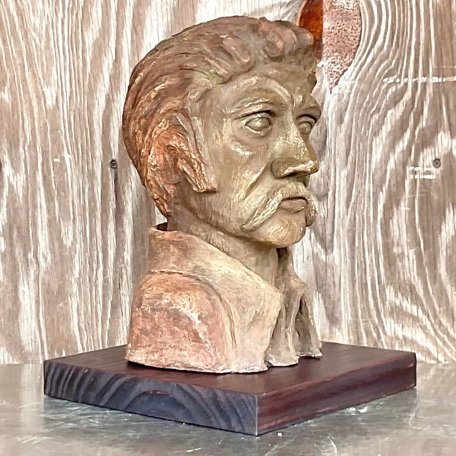 Vintage Boho Sculpted Clay Bust of Man - Detail view