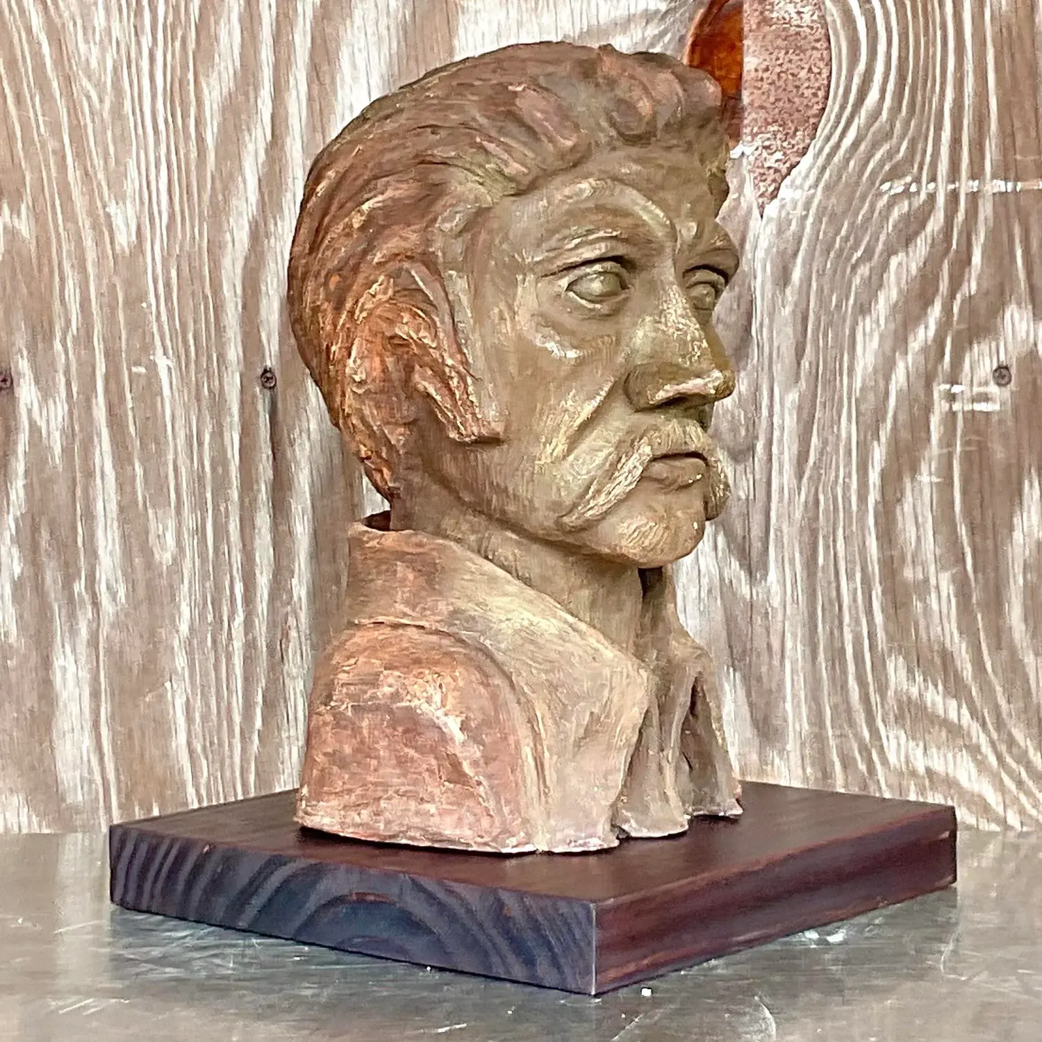 Vintage Boho Sculpted Clay Bust of Man - Top view