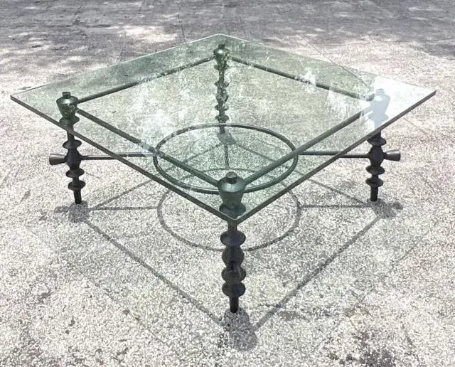 Vintage Boho Sculpted Leg Wrought Iron Coffee Table After Giacometti - Side view
