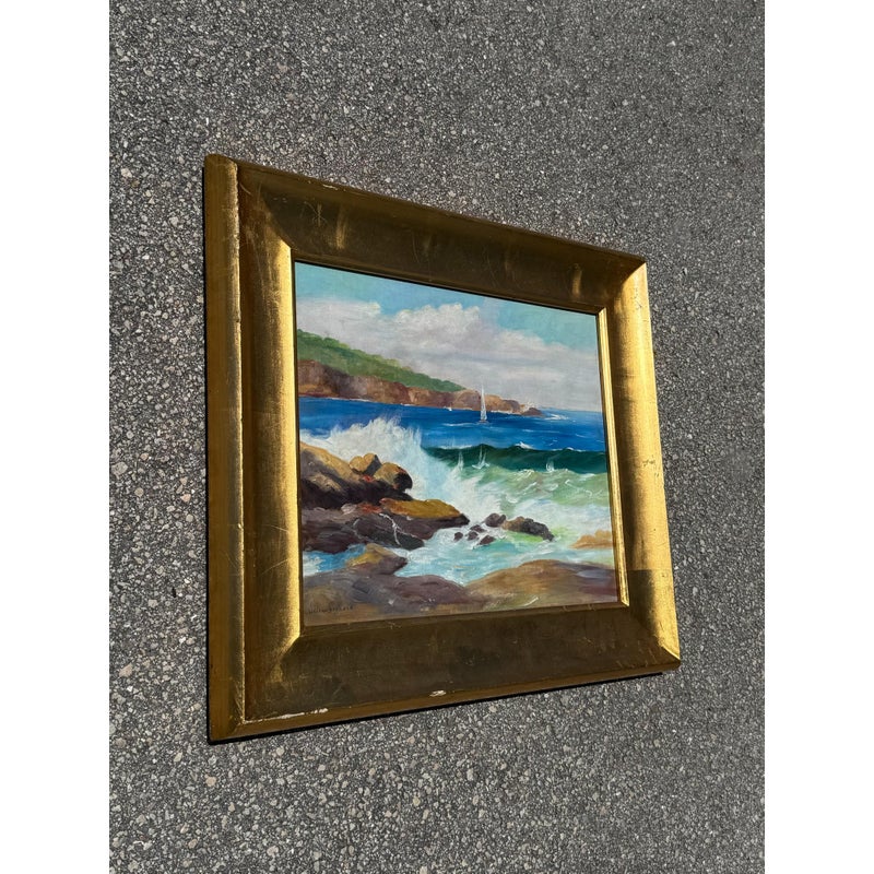 Vintage Boho Seascape Oil on Canvas Signed by Artist - Top view