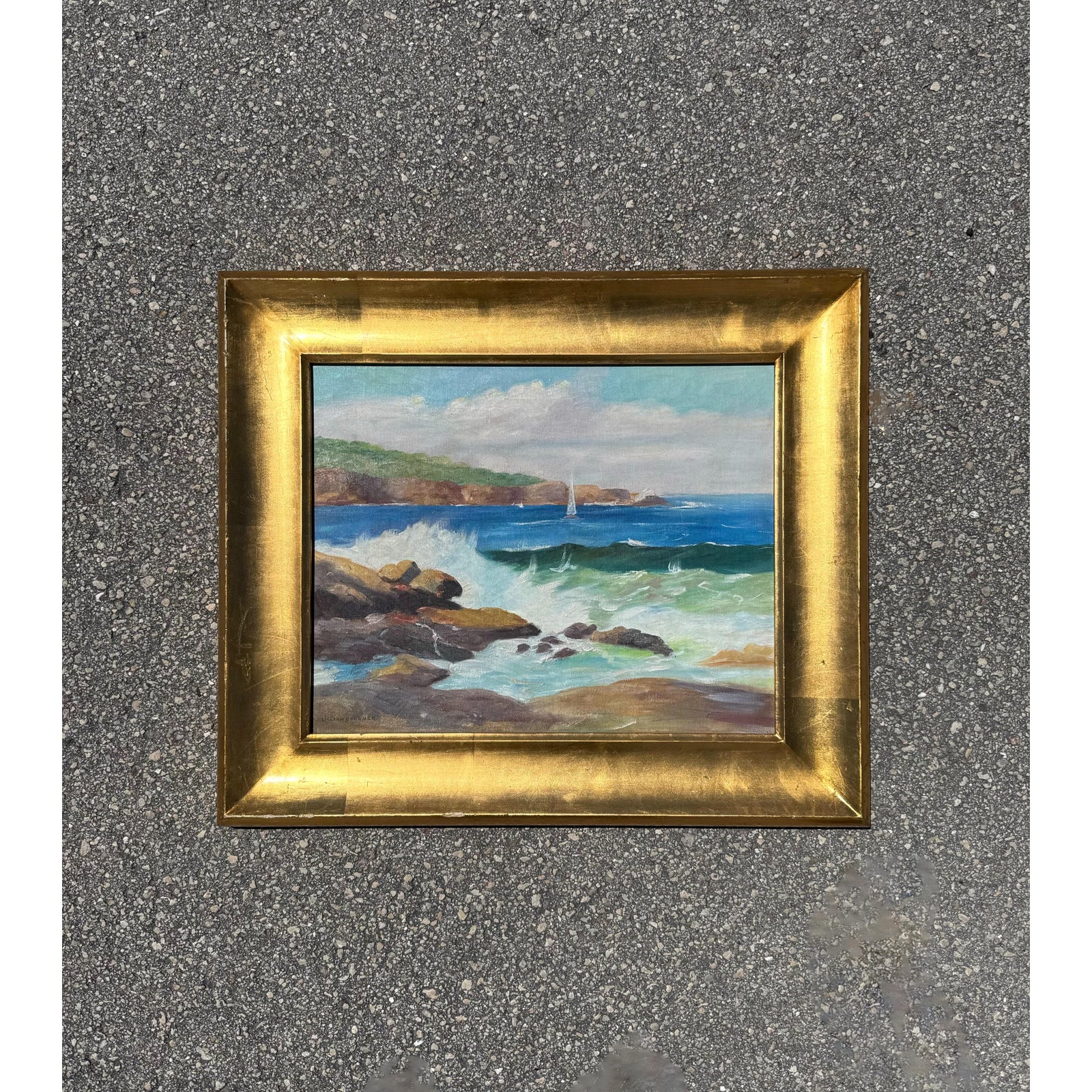 Vintage Boho Seascape Oil on Canvas Signed by Artist - Side view