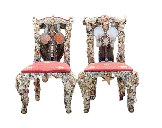 Vintage Boho Shell Encrusted Artisan Chairs - A Pair - Detail view