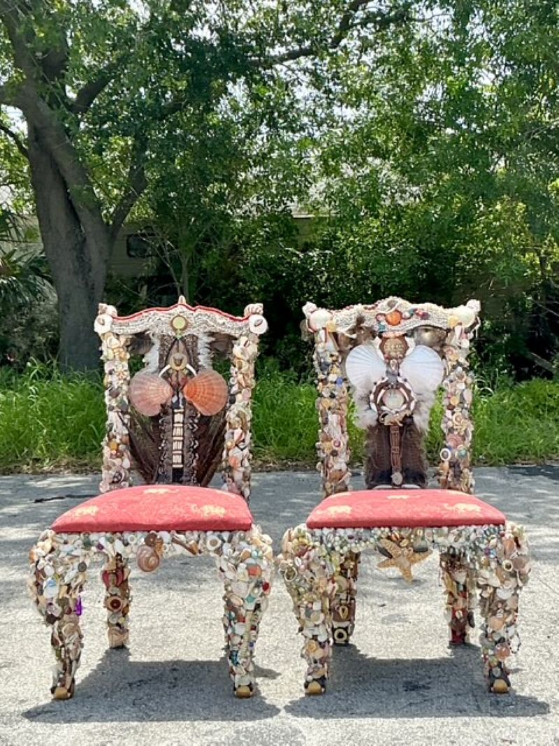 Vintage Boho Shell Encrusted Artisan Chairs - A Pair - Side view