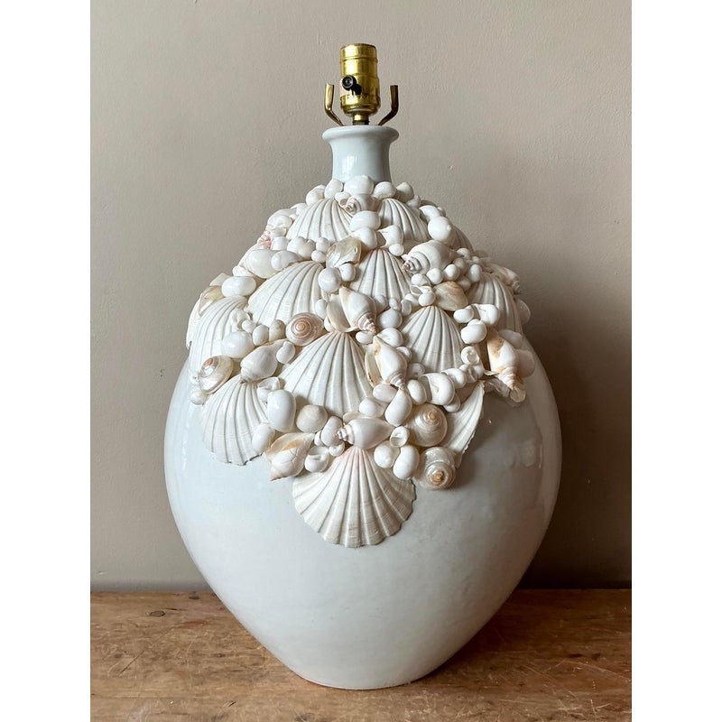 Vintage Boho Shell Encrusted Ceramic Lamp - Side view