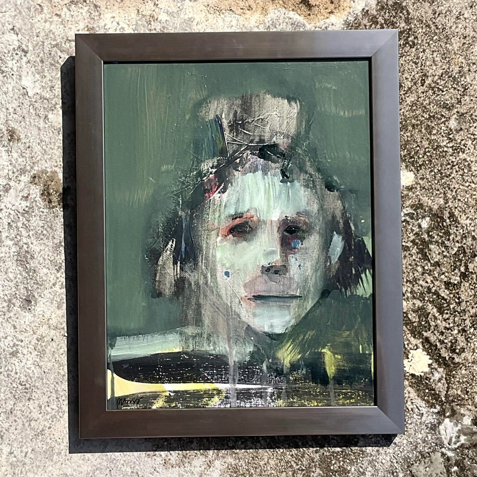 Vintage Boho Signed Abstract Figurative on Canvas - Side view