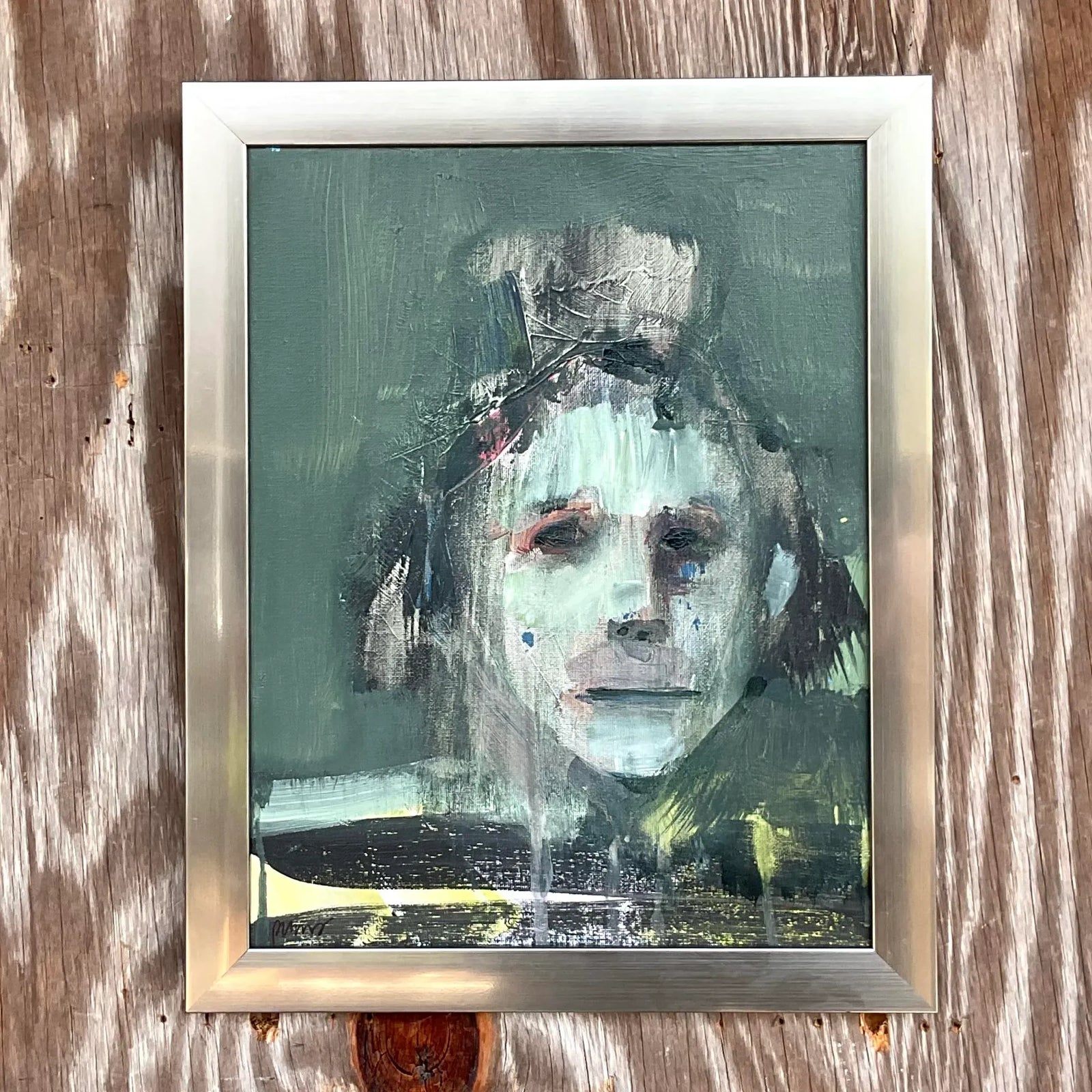 Vintage Boho Signed Abstract Figurative on Canvas - Detail view