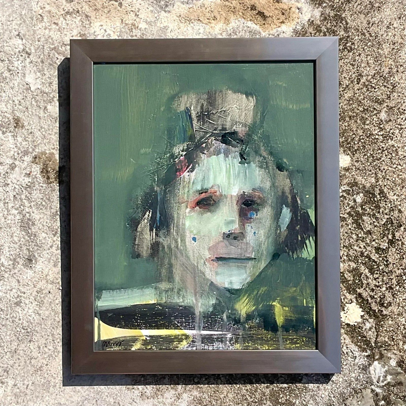 Vintage Boho Signed Abstract Figurative on Canvas - Back view