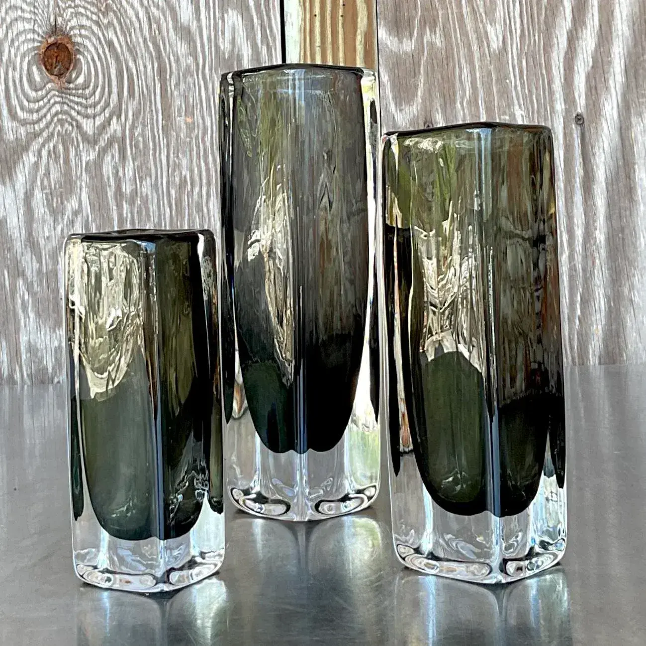 Vintage Boho Signed Art Glass Trio of Bud Vases - Back view