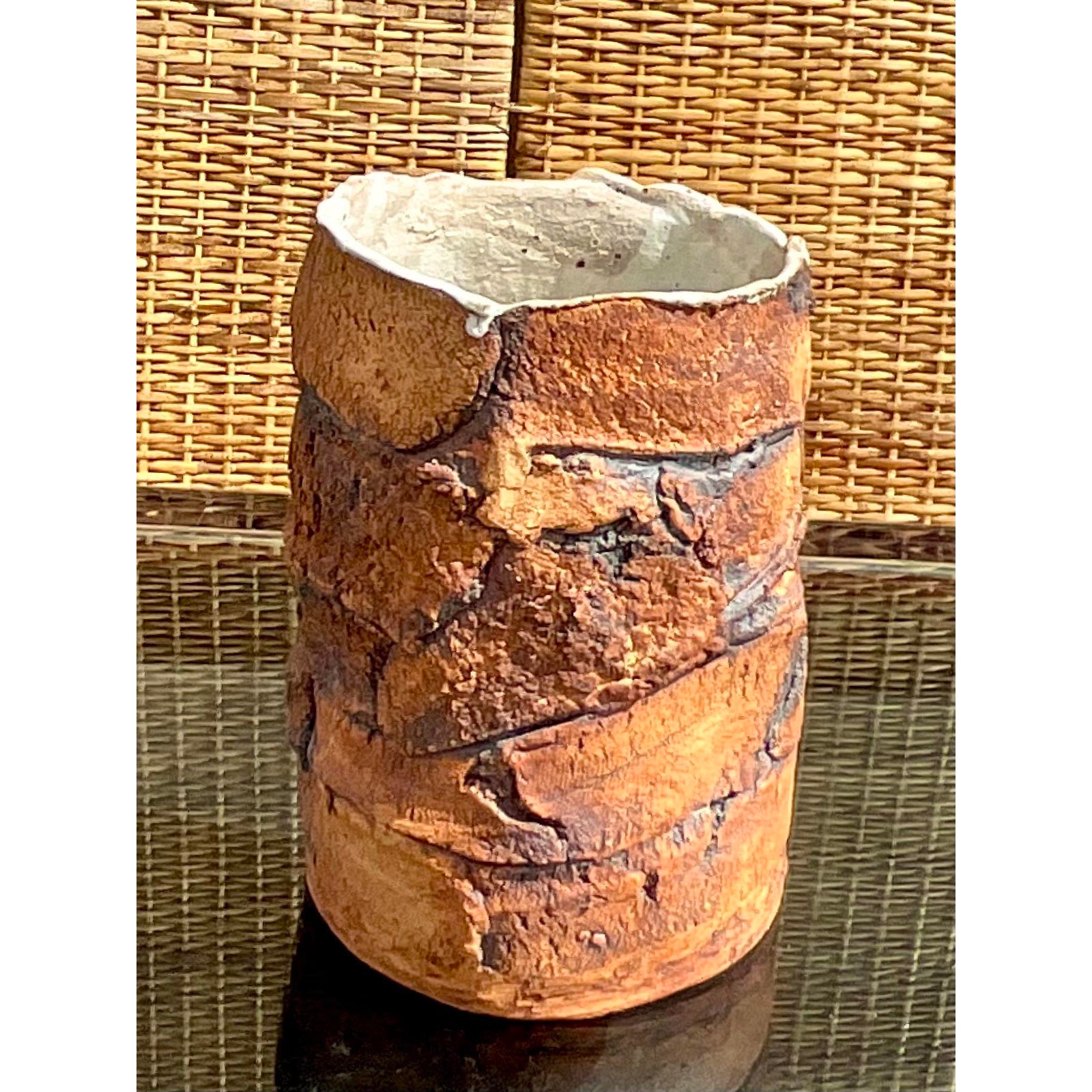 Vintage Boho Signed Handmade Pottery Vase - Top view