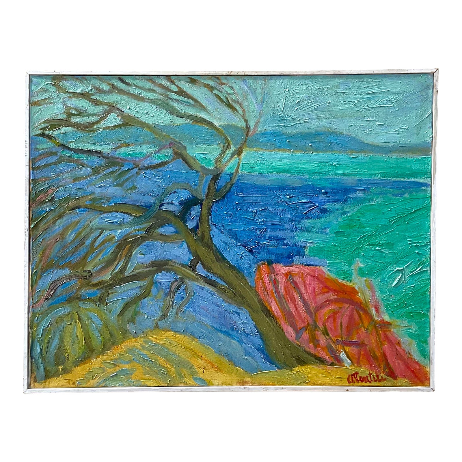 Vintage Boho Signed Original Abstract Expressionist Landscape Oil on Canvas