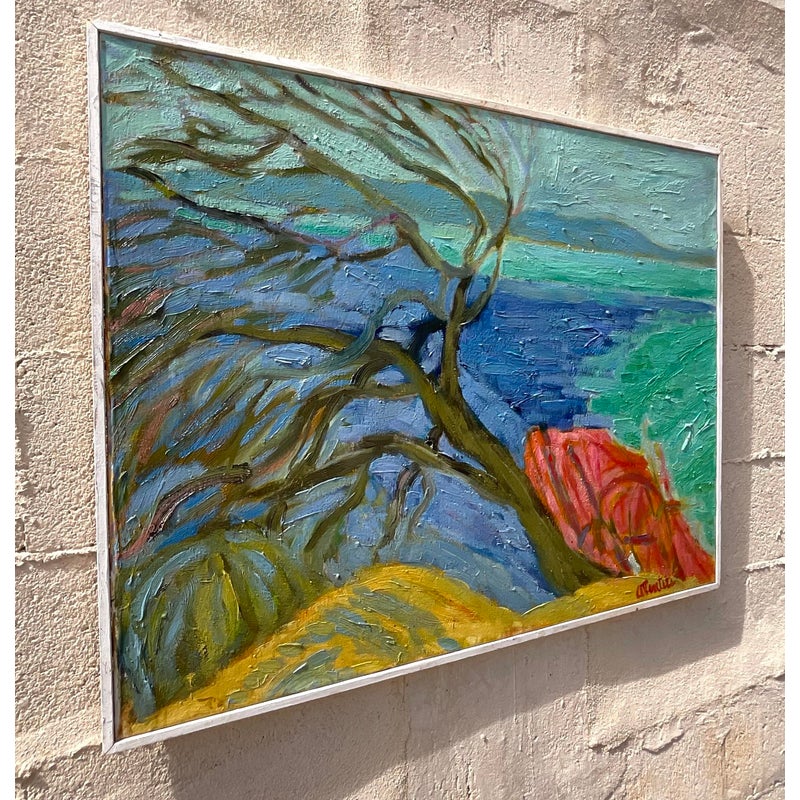 Vintage Boho Signed Original Abstract Expressionist Landscape Oil on Canvas - Detail view