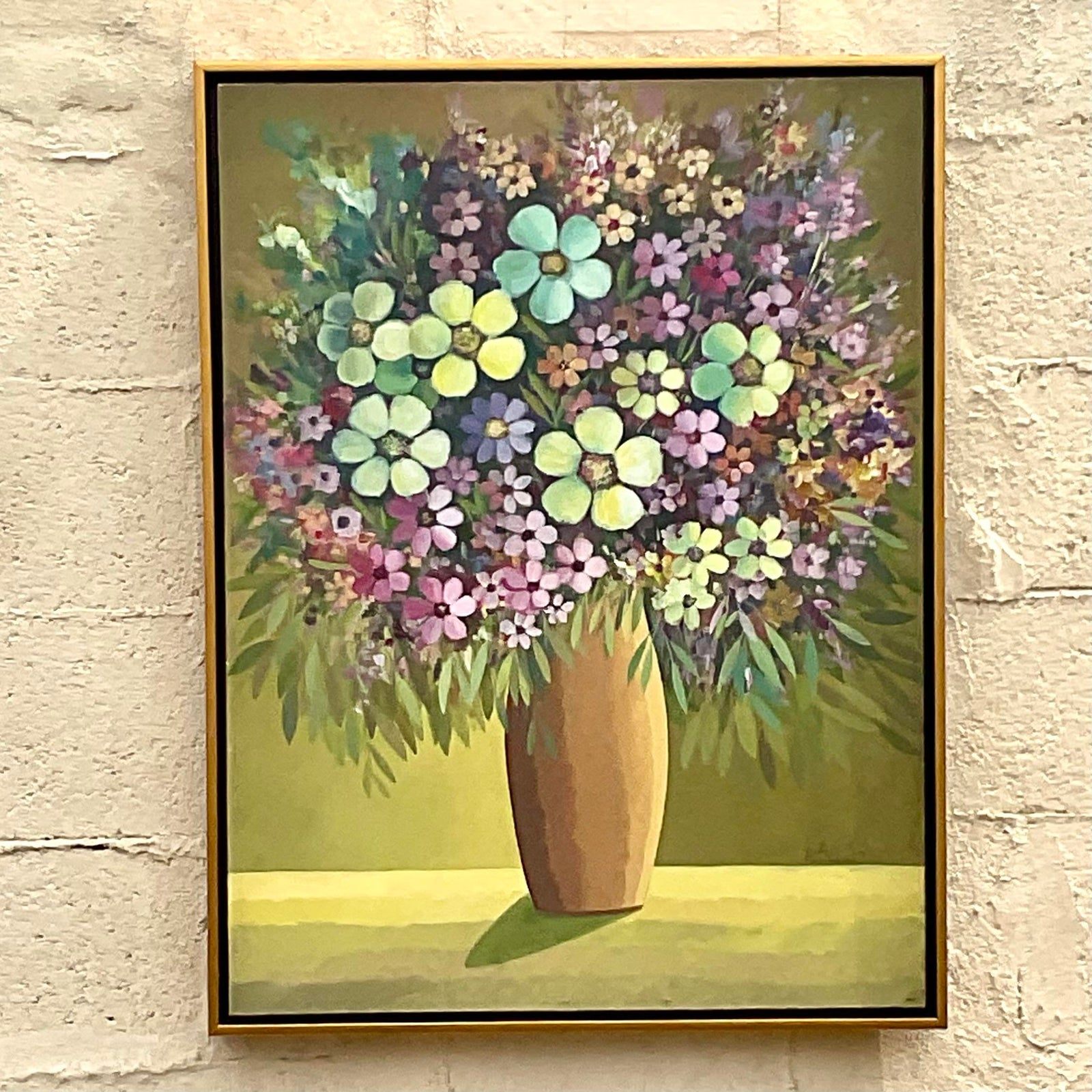 Vintage Boho Signed Original Floral Oil Painting on Canvas - Top view