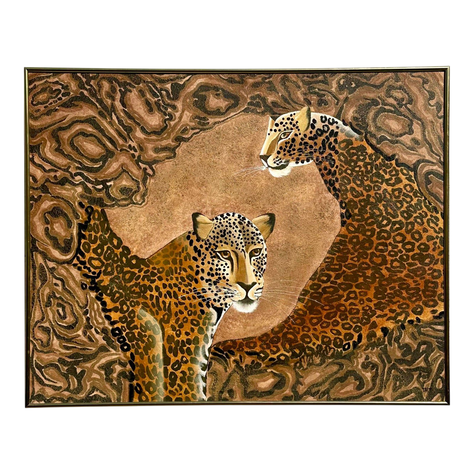 Vintage Boho Signed Original Oil Painting of Cheetahs