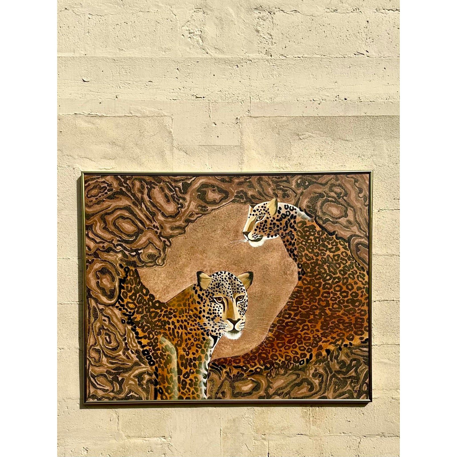 Vintage Boho Signed Original Oil Painting of Cheetahs - Detail view