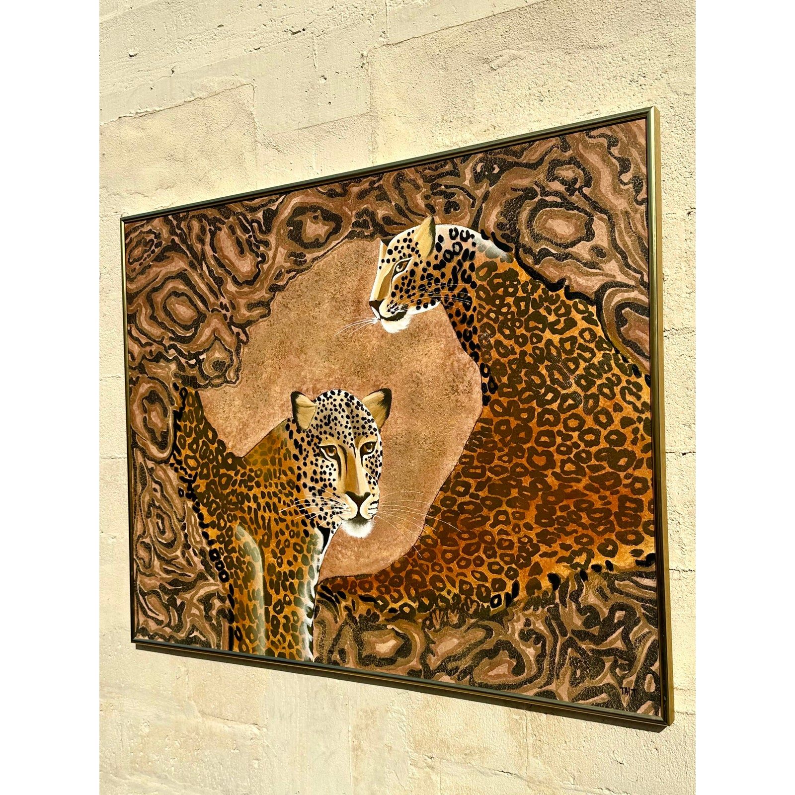 Vintage Boho Signed Original Oil Painting of Cheetahs - Side view