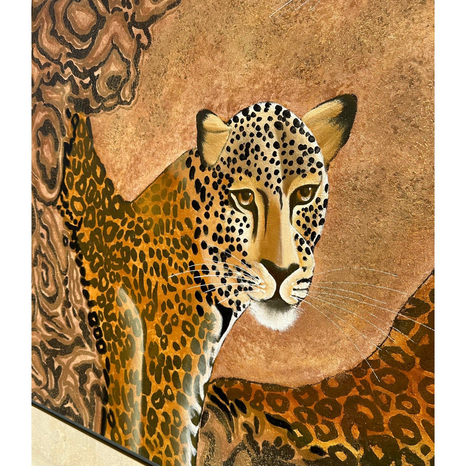 Vintage Boho Signed Original Oil Painting of Cheetahs - Back view