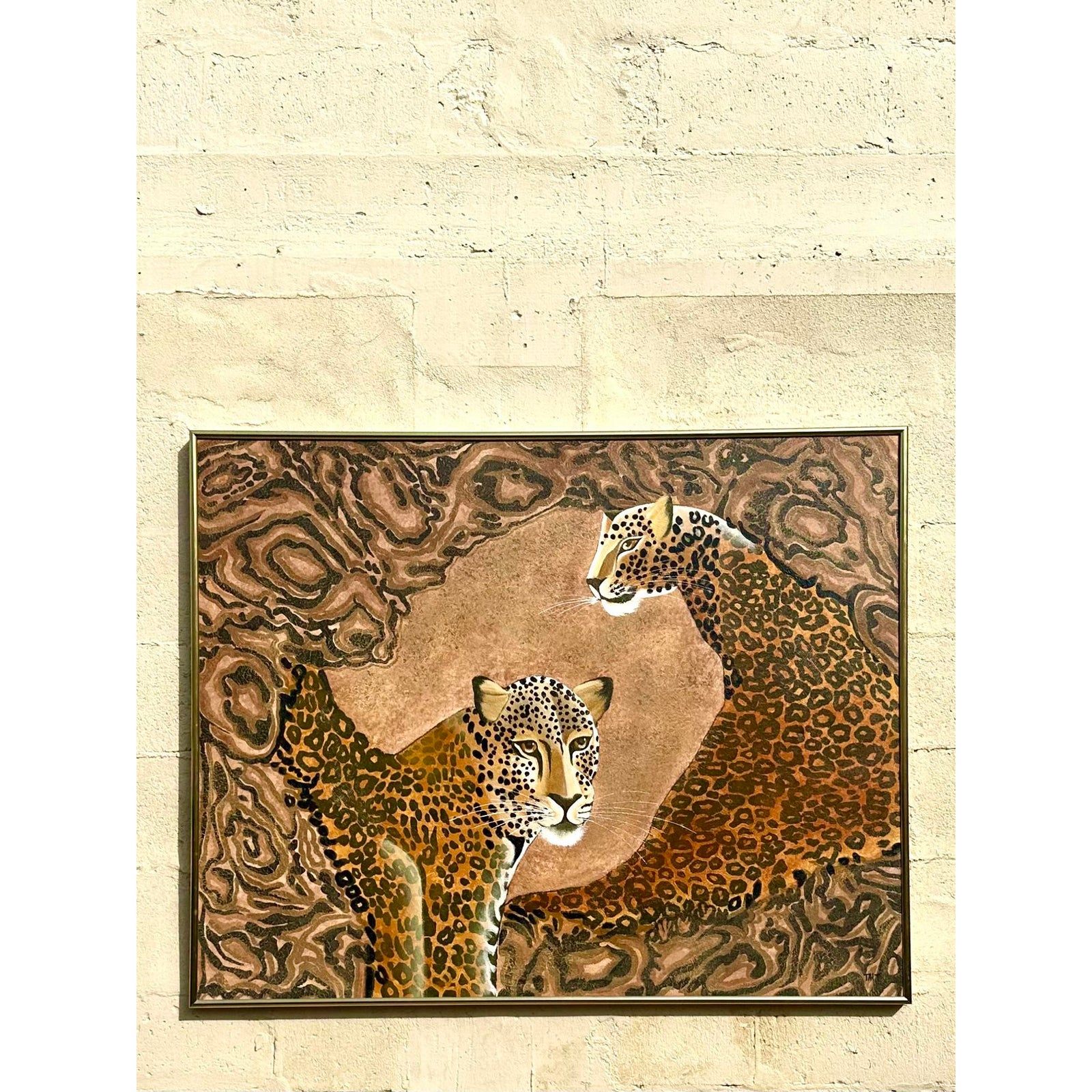Vintage Boho Signed Original Oil Painting of Cheetahs - Top view