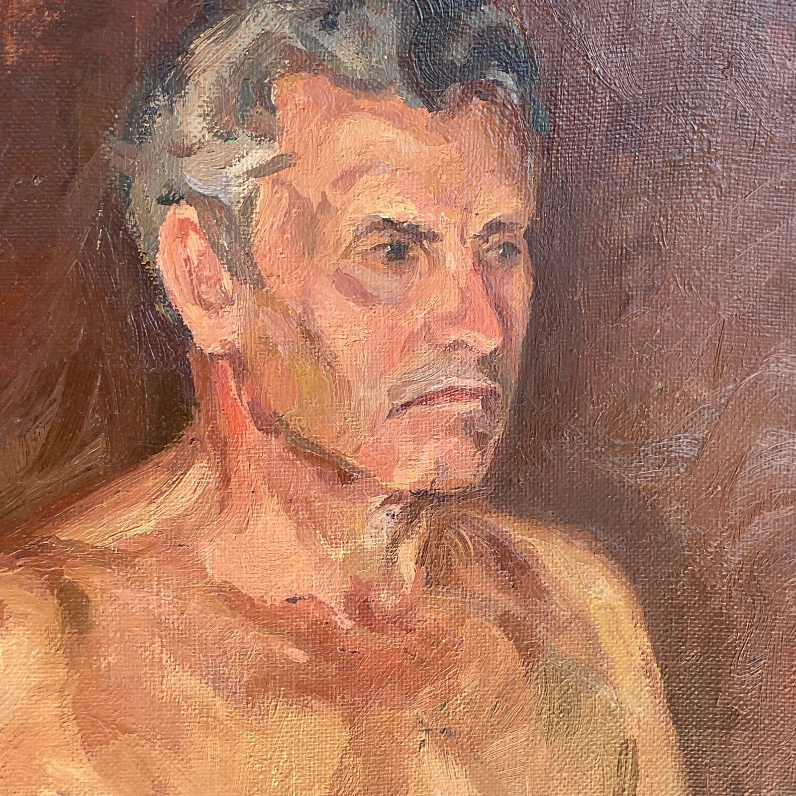 Vintage Boho Signed Original Oil Portrait of Man - Side view