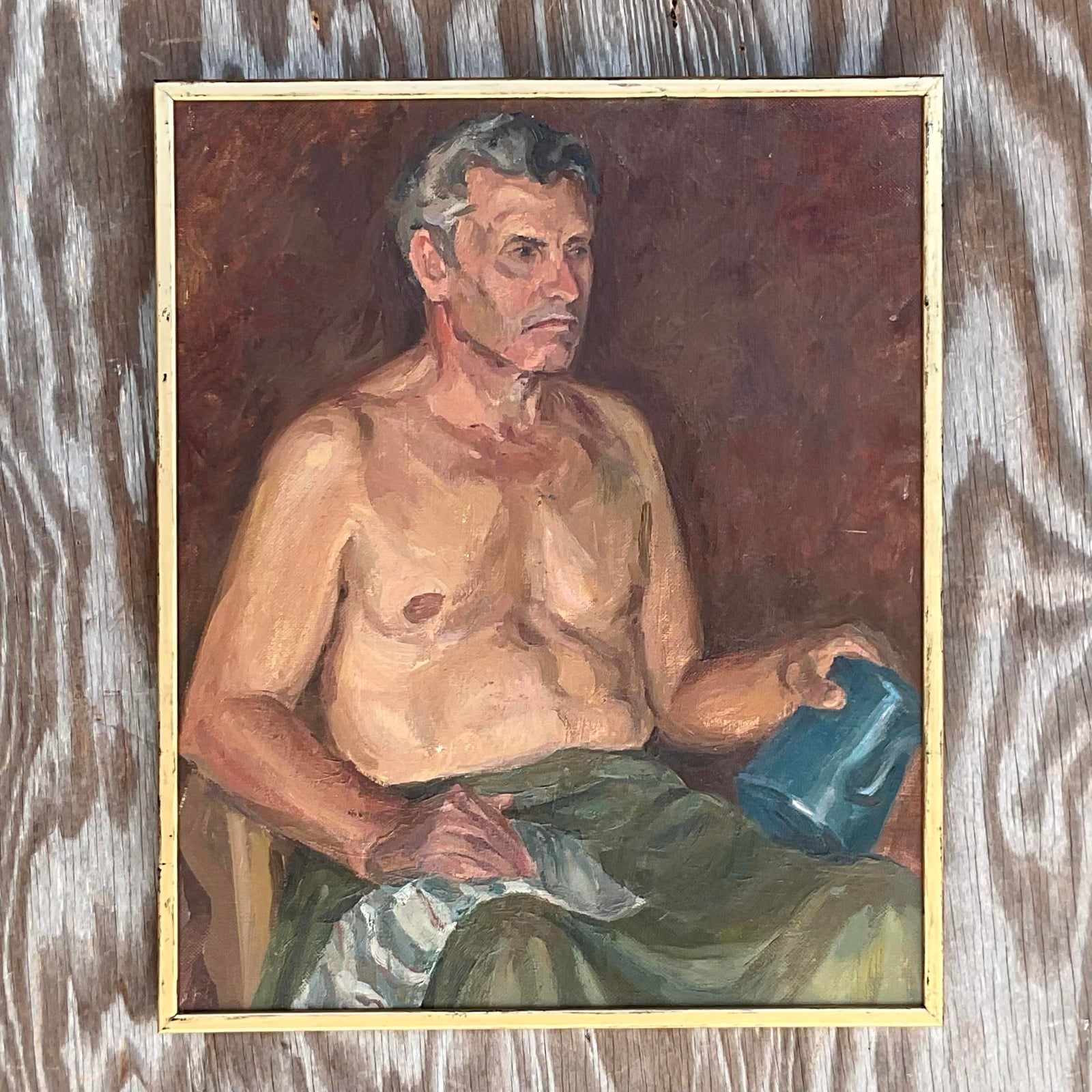 Vintage Boho Signed Original Oil Portrait of Man - Back view