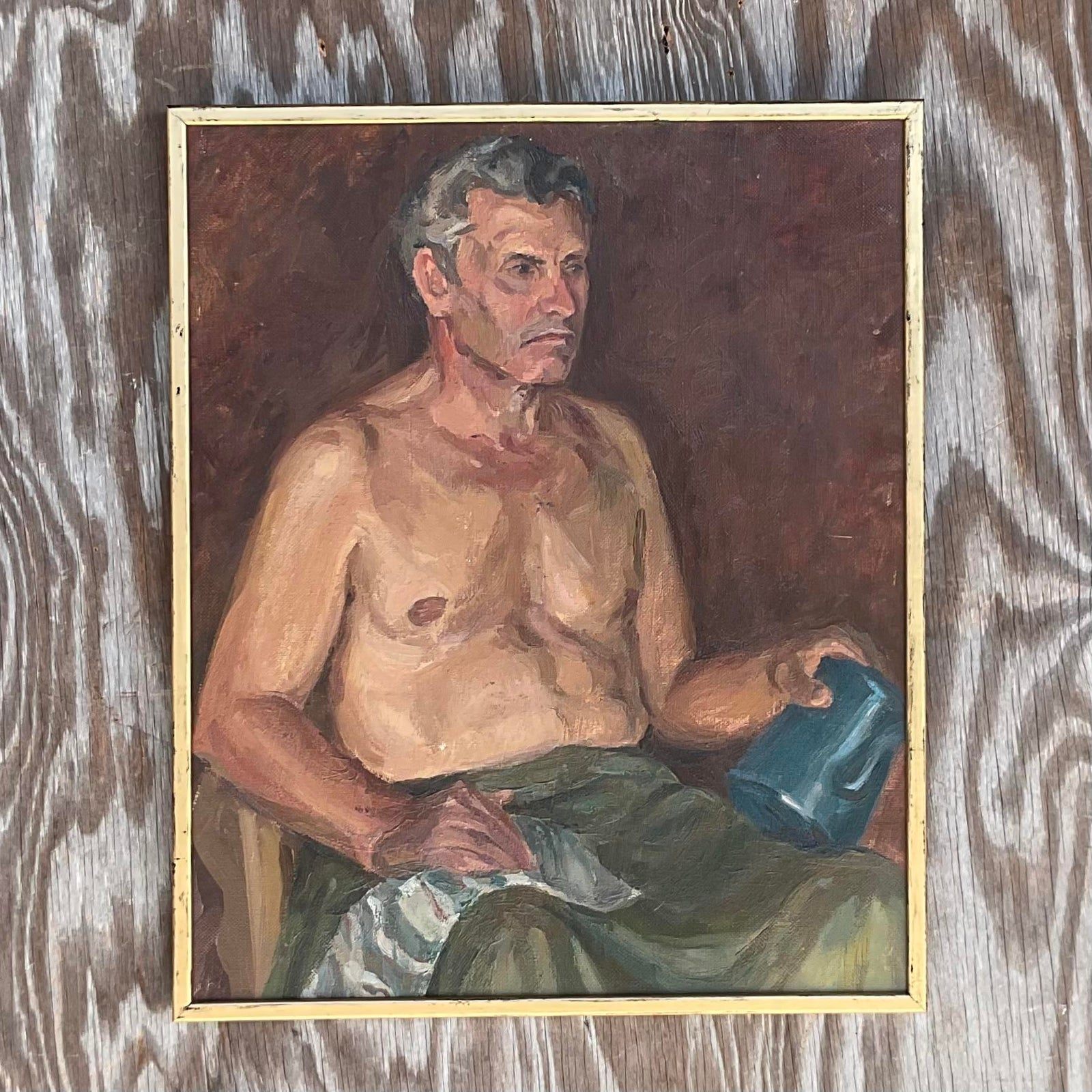 Vintage Boho Signed Original Oil Portrait of Man - Top view