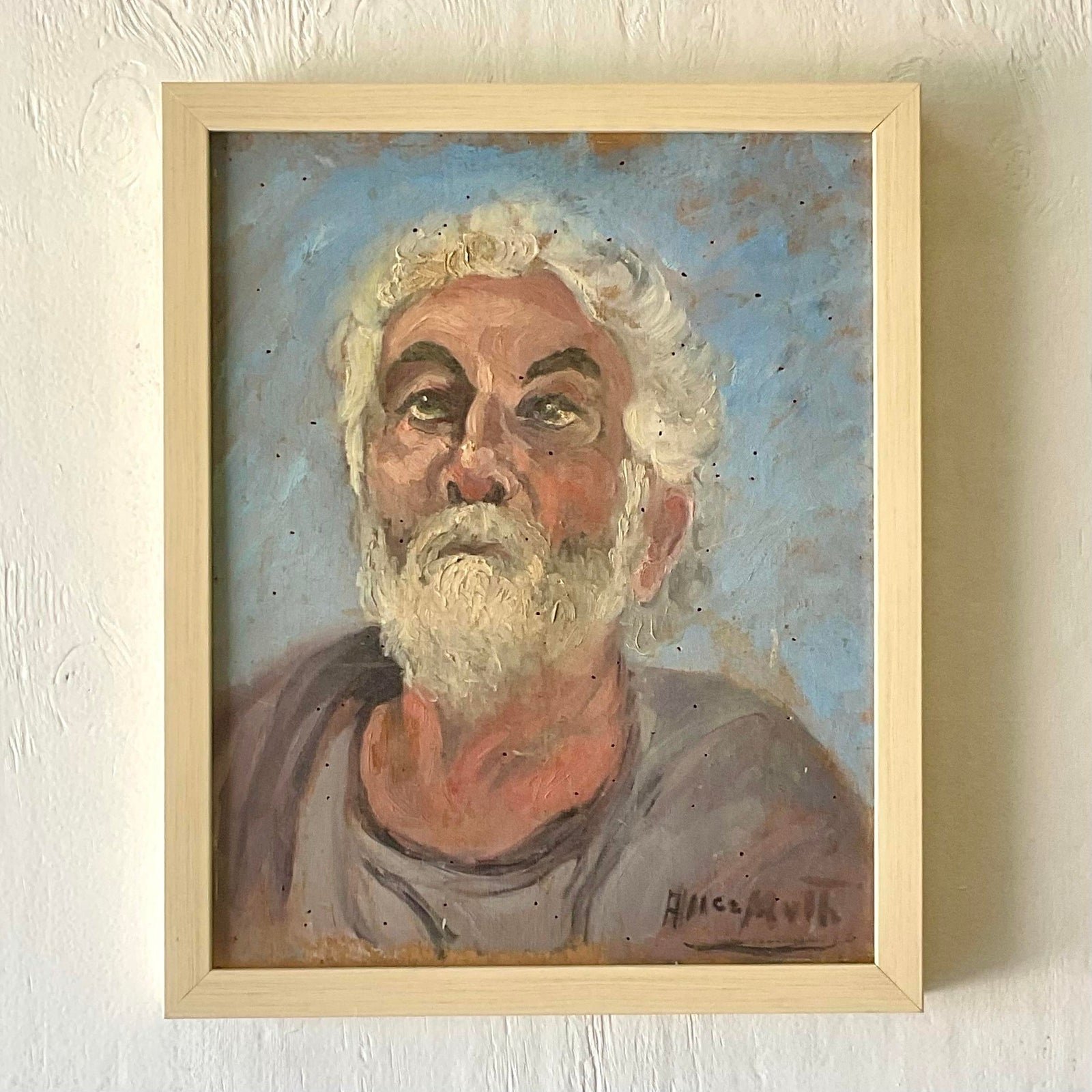 Vintage Boho Signed Original Oil Portrait on Board - Detail view
