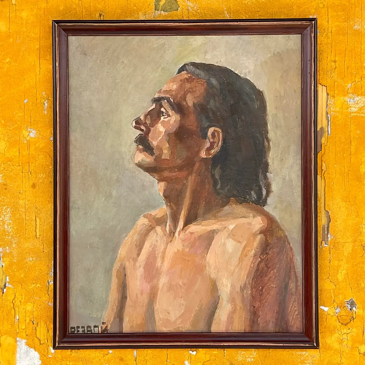Vintage Boho Signed Original Oil Portrait on Board - Back view