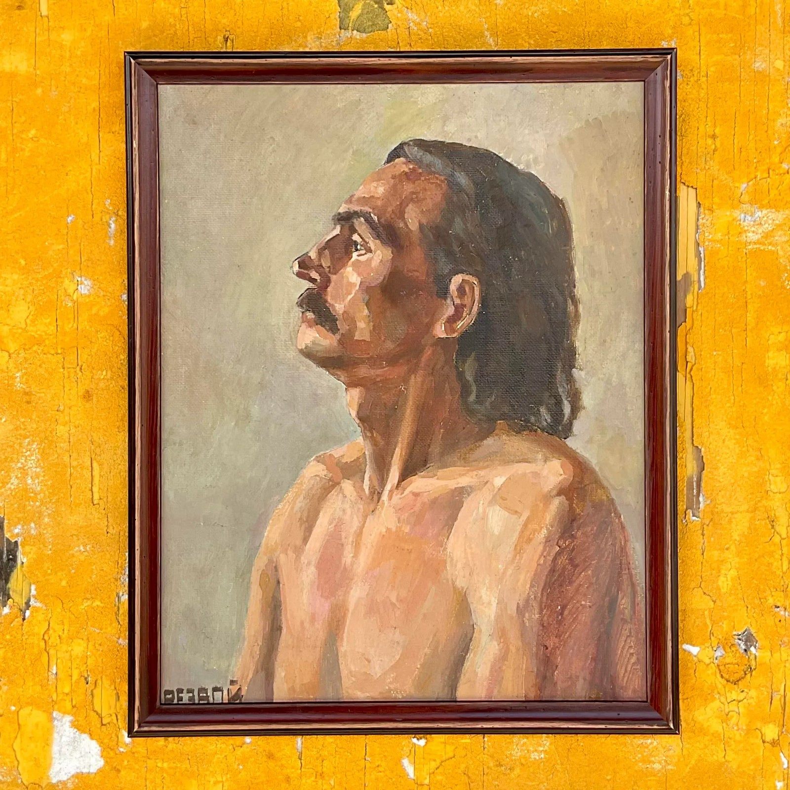 Vintage Boho Signed Original Oil Portrait on Board - Back view