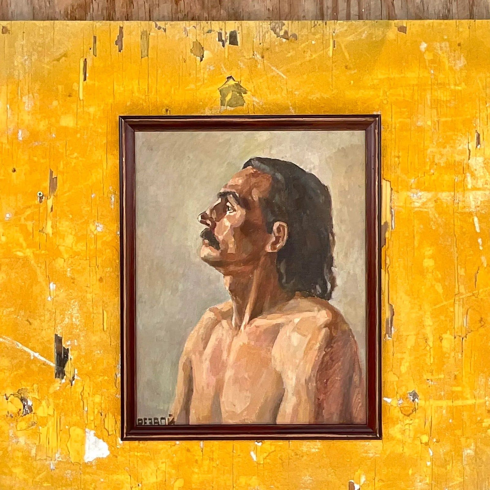 Vintage Boho Signed Original Oil Portrait on Board - Detail view