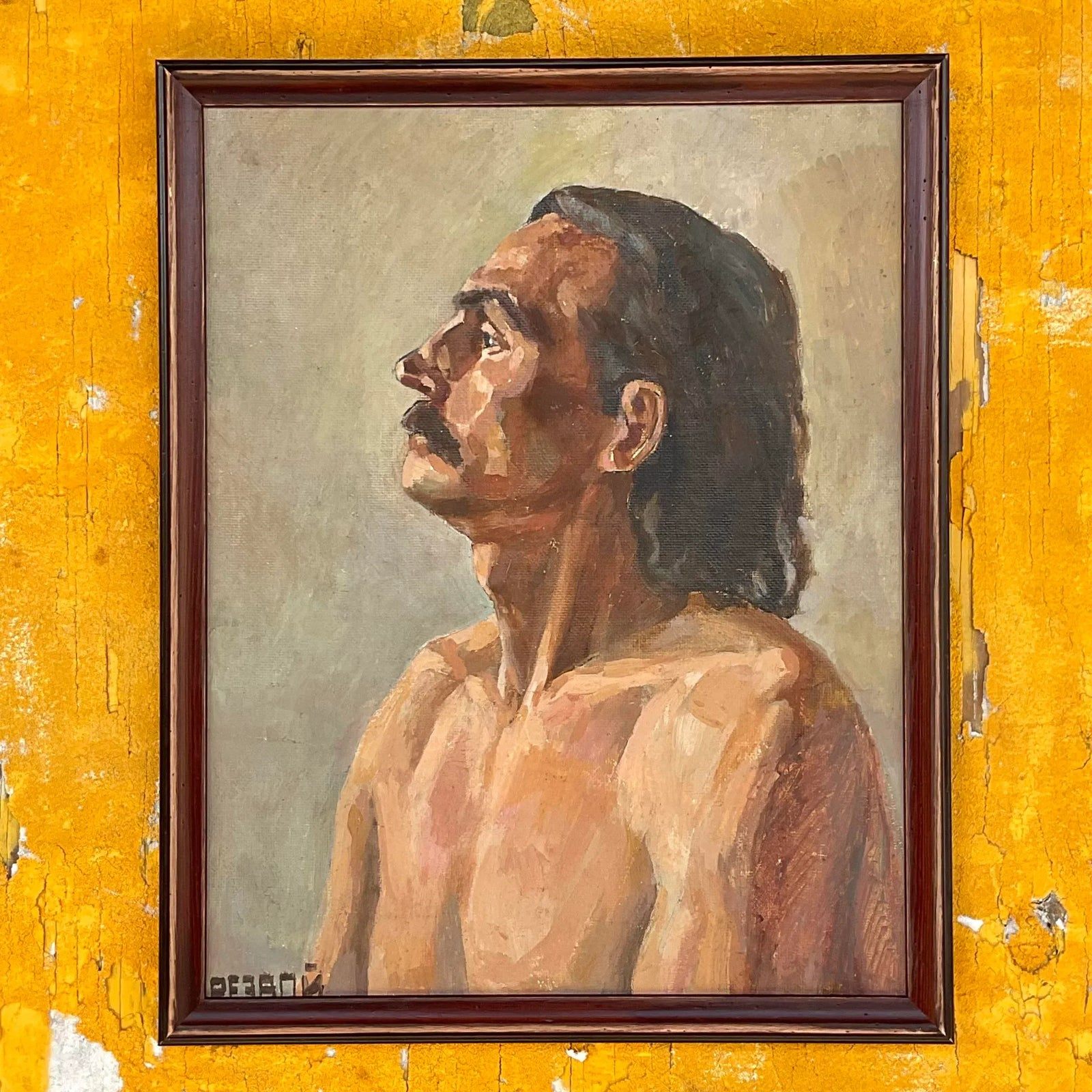 Vintage Boho Signed Original Oil Portrait on Board - Side view