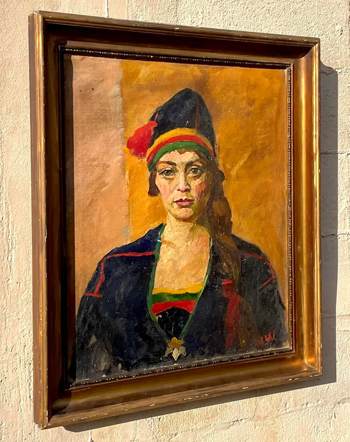 Vintage Boho Signed Original Oil Portrait on Canvas - Side view