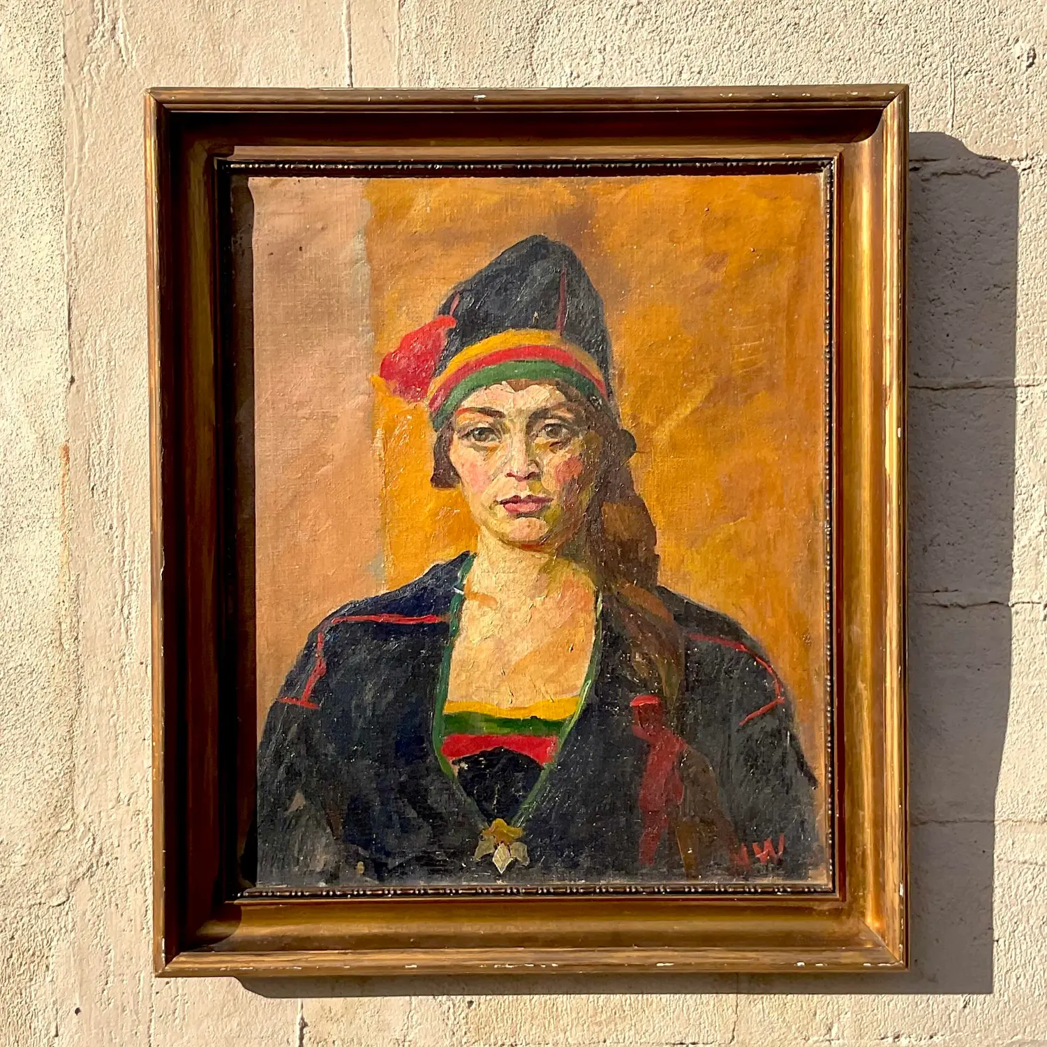 Vintage Boho Signed Original Oil Portrait on Canvas - Detail view