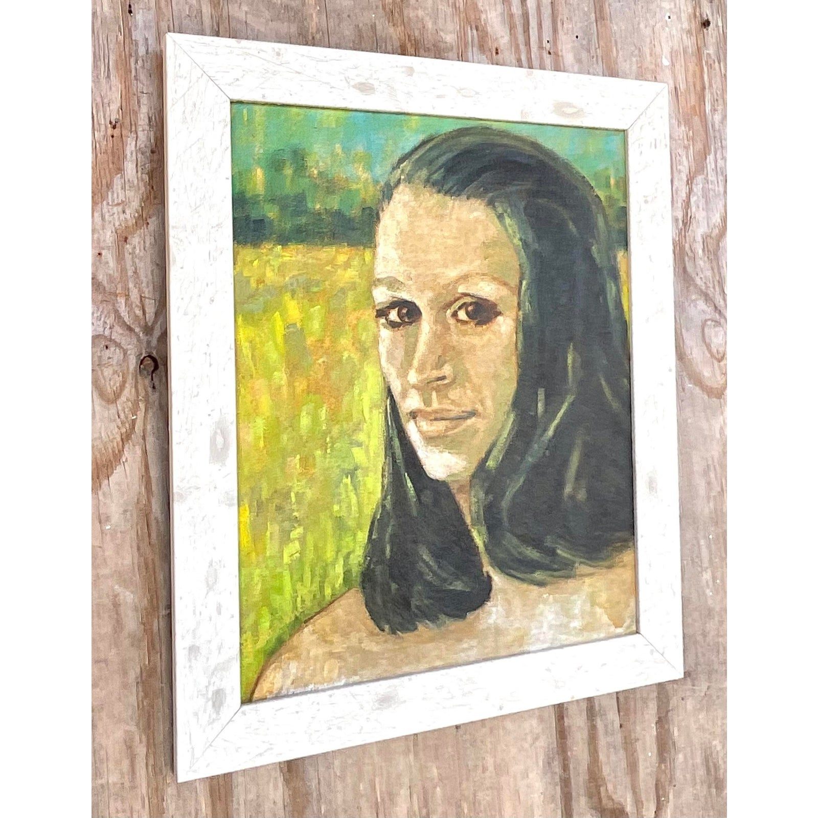 Vintage Boho Signed Original Oil Portrait on Canvas - Side view