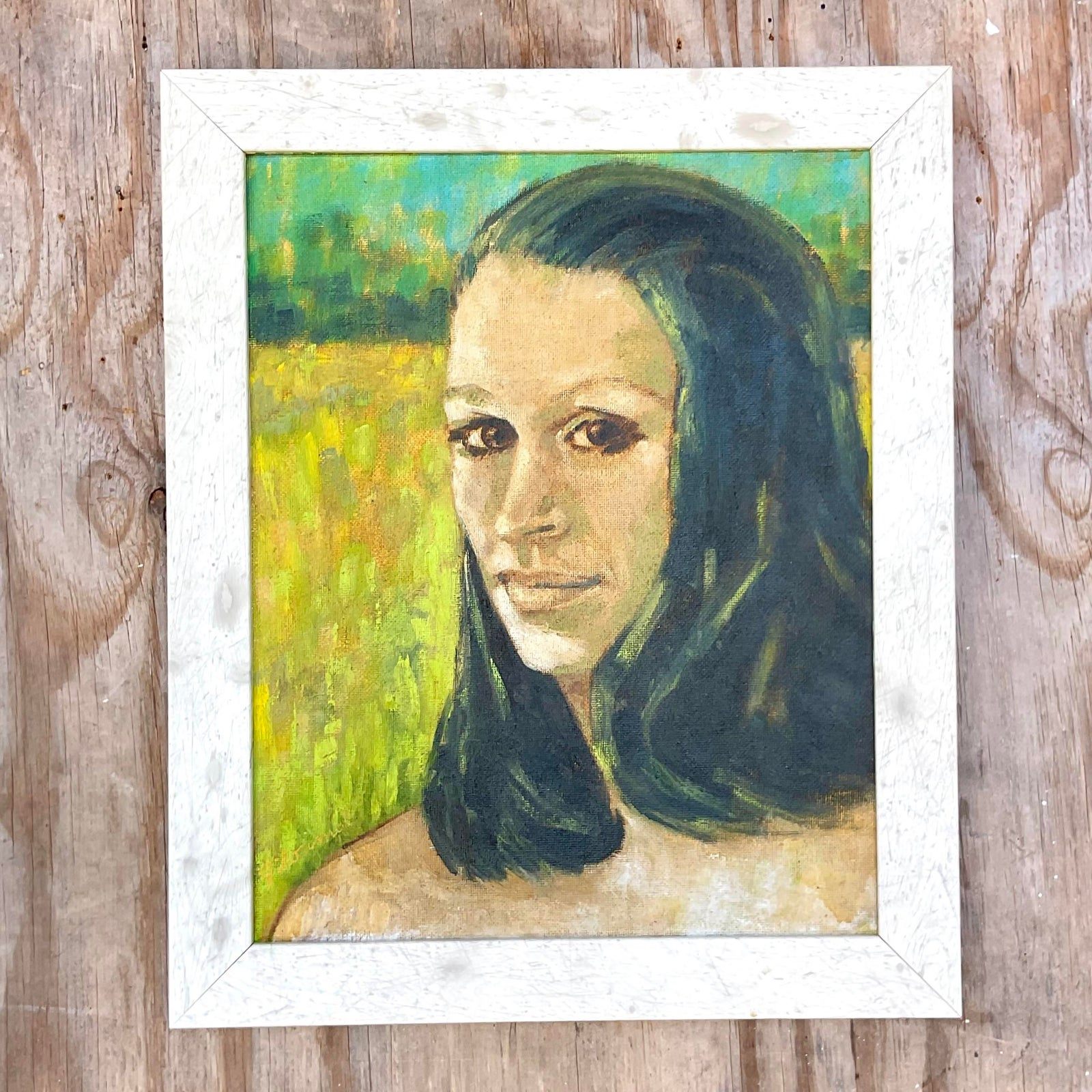 Vintage Boho Signed Original Oil Portrait on Canvas - Detail view
