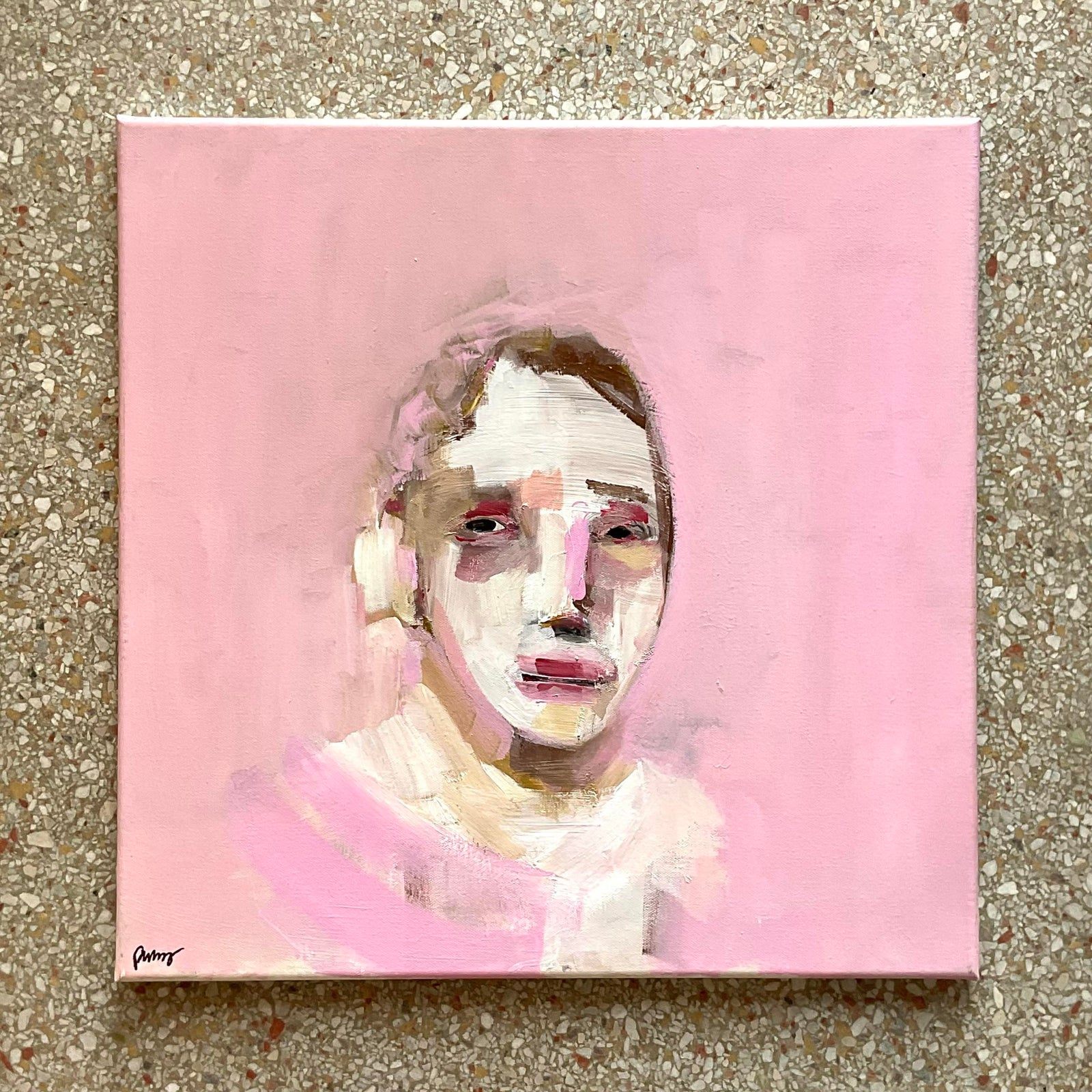 Vintage Boho Signed Original Oil Portrait on Canvas - Detail view