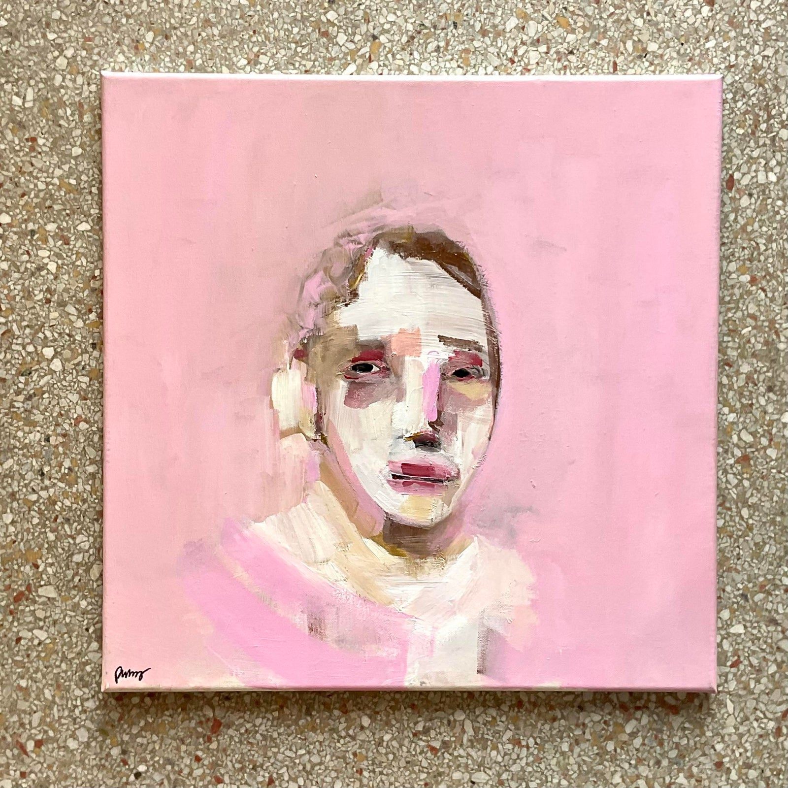 Vintage Boho Signed Original Oil Portrait on Canvas - Top view