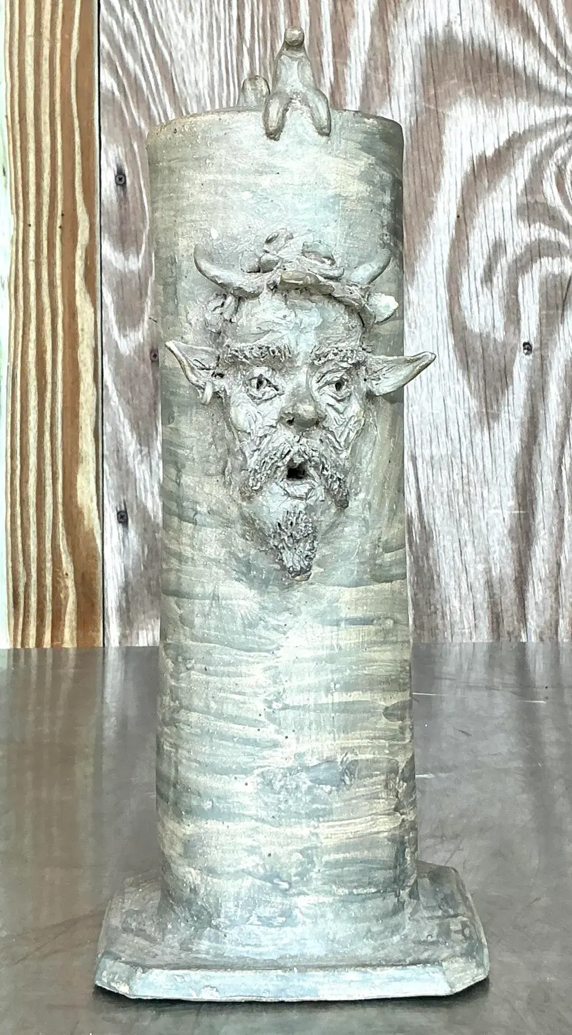 Vintage Boho Signed Studio Pottery Faces Vase - Detail view