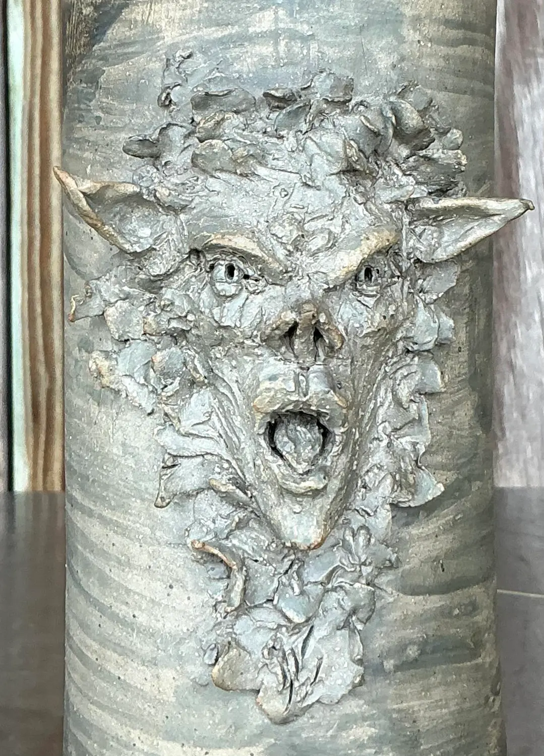 Vintage Boho Signed Studio Pottery Faces Vase - Top view