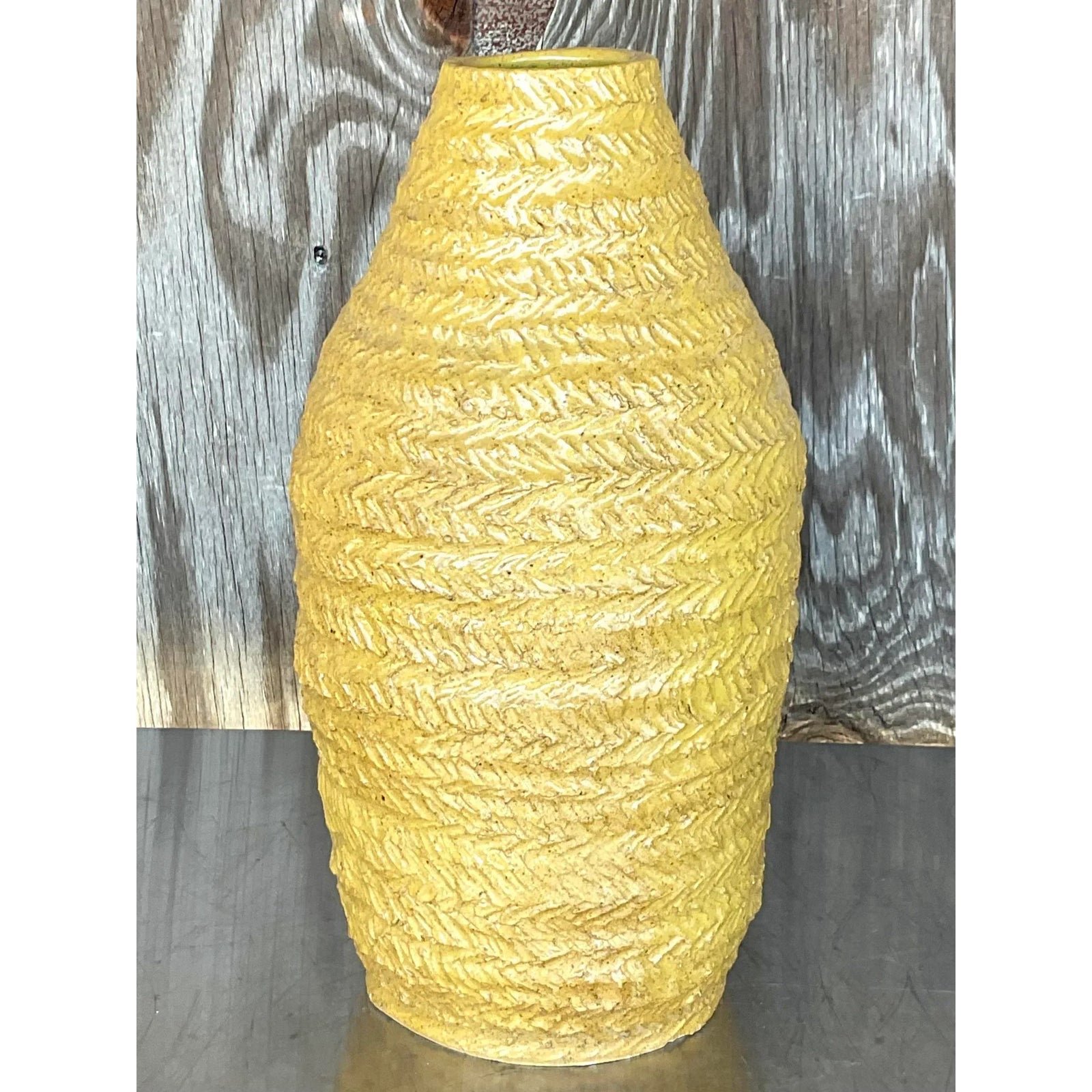 Vintage Boho Signed Studio Pottery Mustard Vase - Detail view