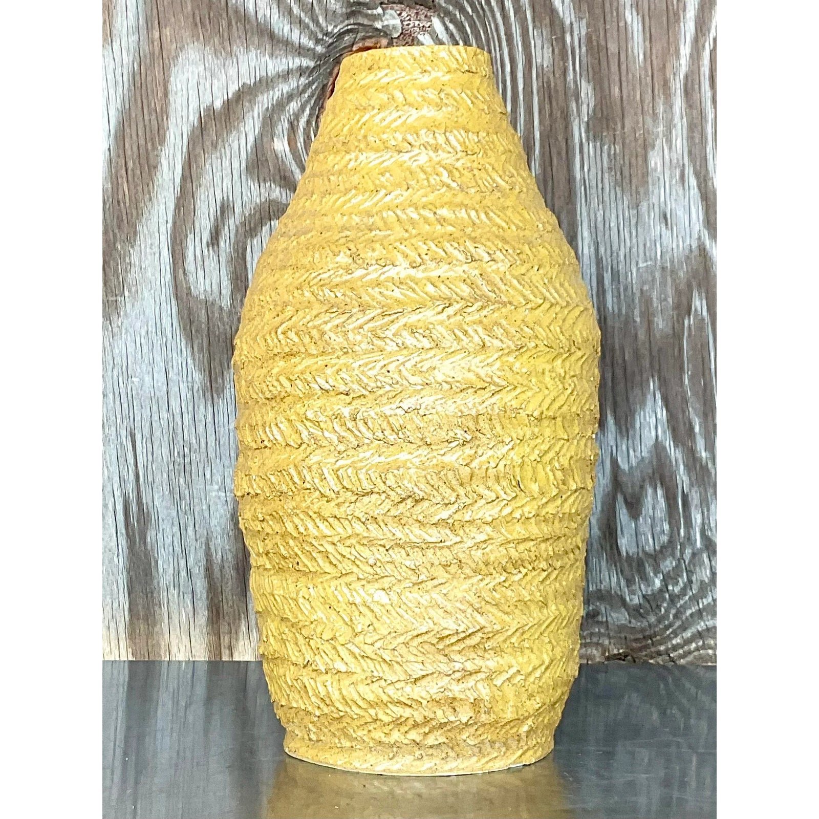 Vintage Boho Signed Studio Pottery Mustard Vase - Back view