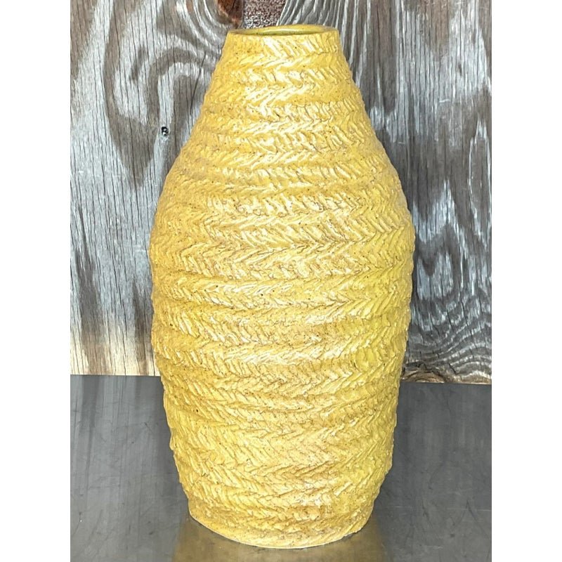 Vintage Boho Signed Studio Pottery Mustard Vase - Top view