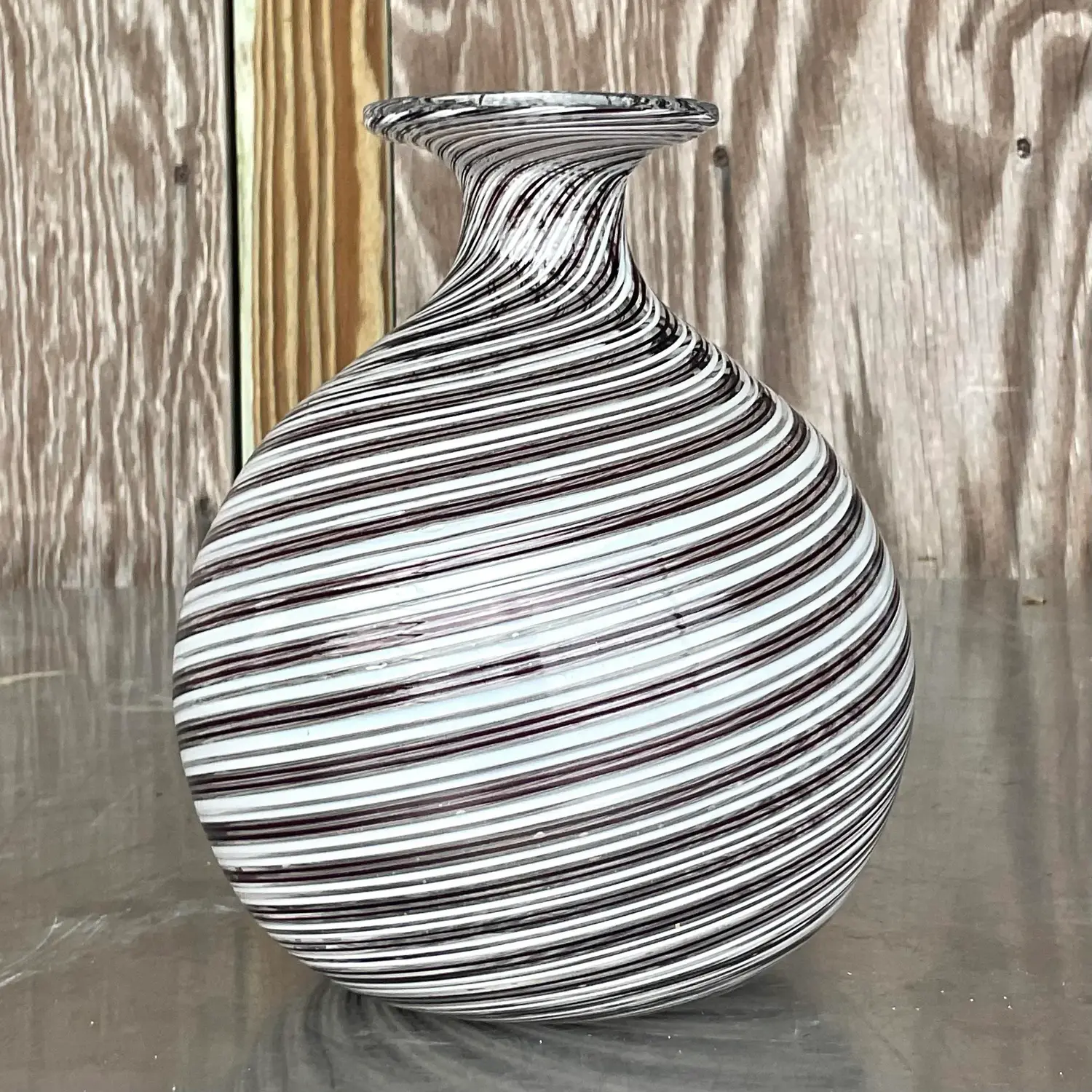 Vintage Boho Signed Swirl Art Glass Vase - Back view