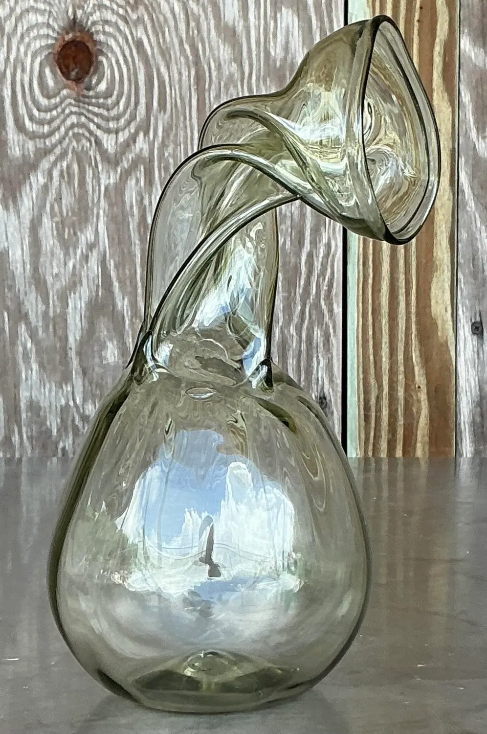 Vintage Boho Signed Twisted Neck Blown Glass Vase - Side view