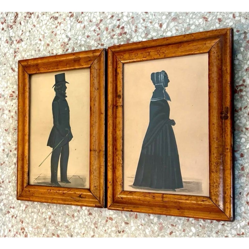 Vintage Boho Silhouette Drawing in Burled Wood Frame - Side view