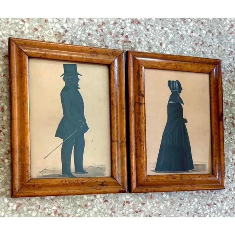 Vintage Boho Silhouette Drawing in Burled Wood Frame - Back view
