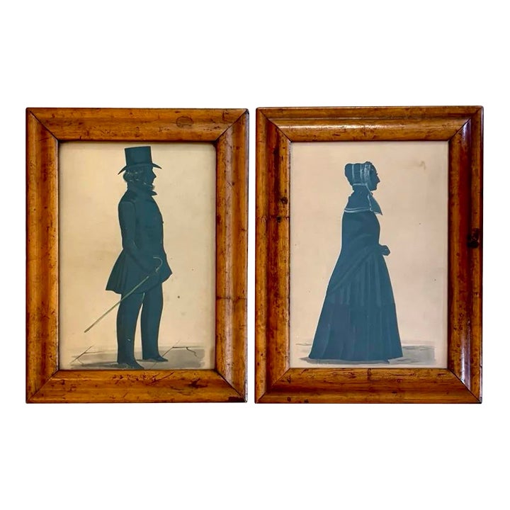 Vintage Boho Silhouette Drawing in Burled Wood Frame