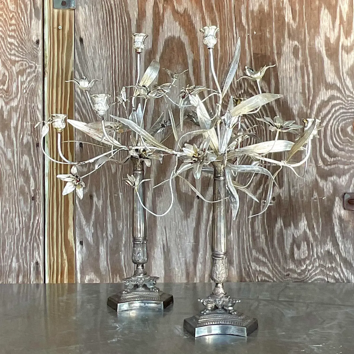 Vintage Boho Silver Floral Candelabras - a Pair - Back view