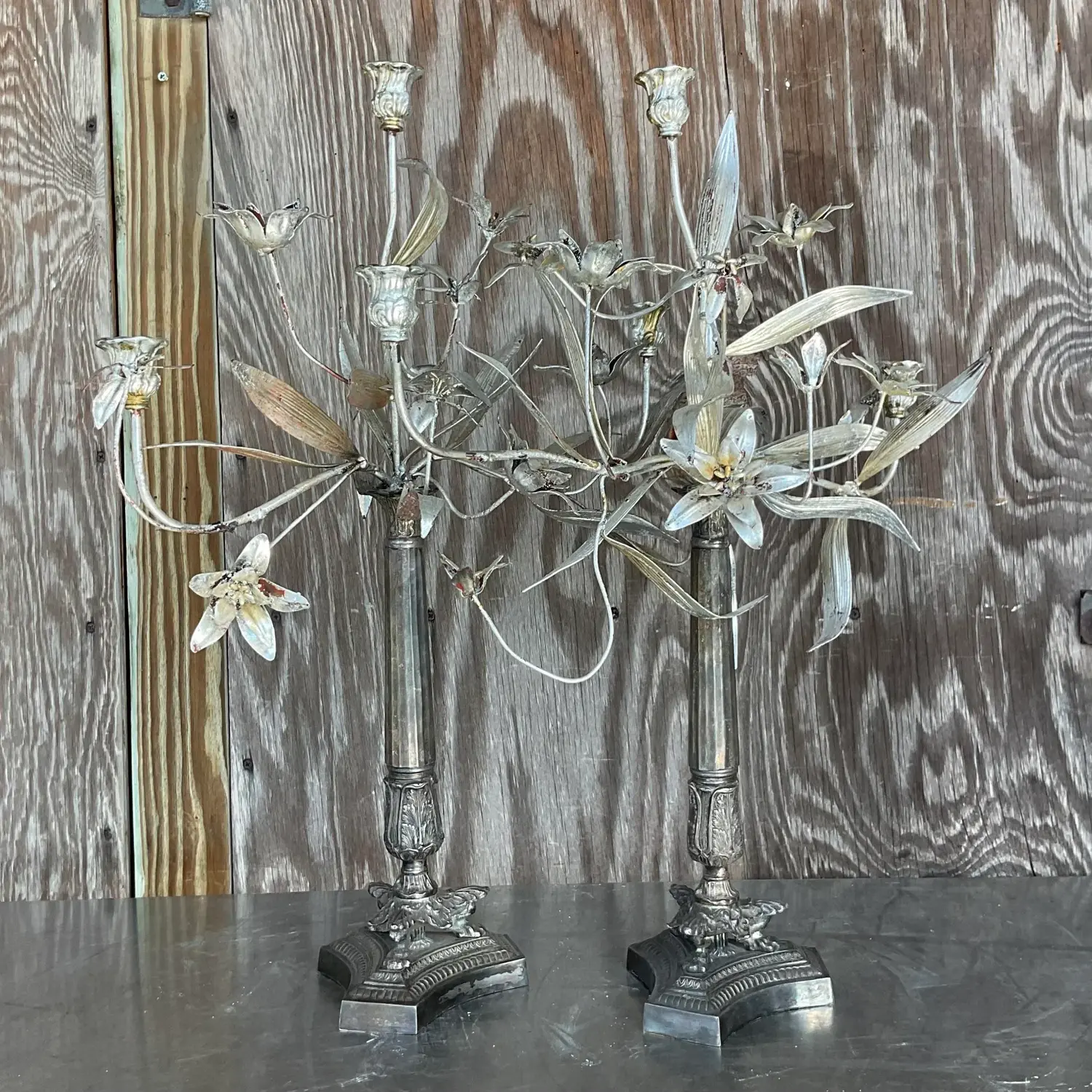 Vintage Boho Silver Floral Candelabras - a Pair - Top view