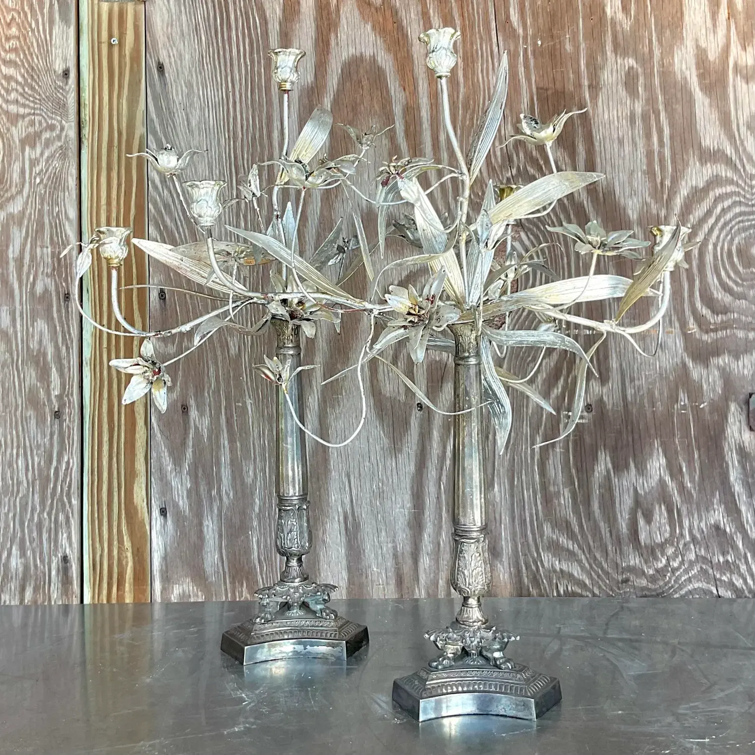 Vintage Boho Silver Floral Candelabras - a Pair - Detail view